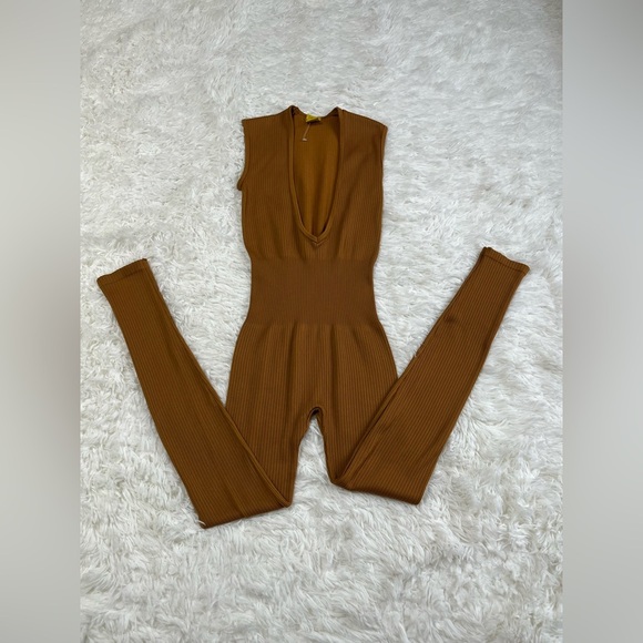Daisy | Camel Brown Ribbed Catsuit Jumpsuit - Picture 5 of 11